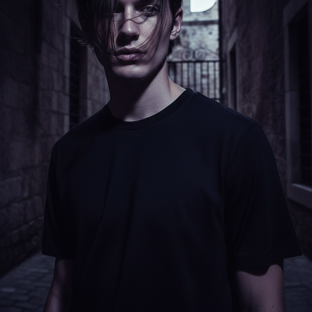 Dark mysterious t-shirt lifestyle photo